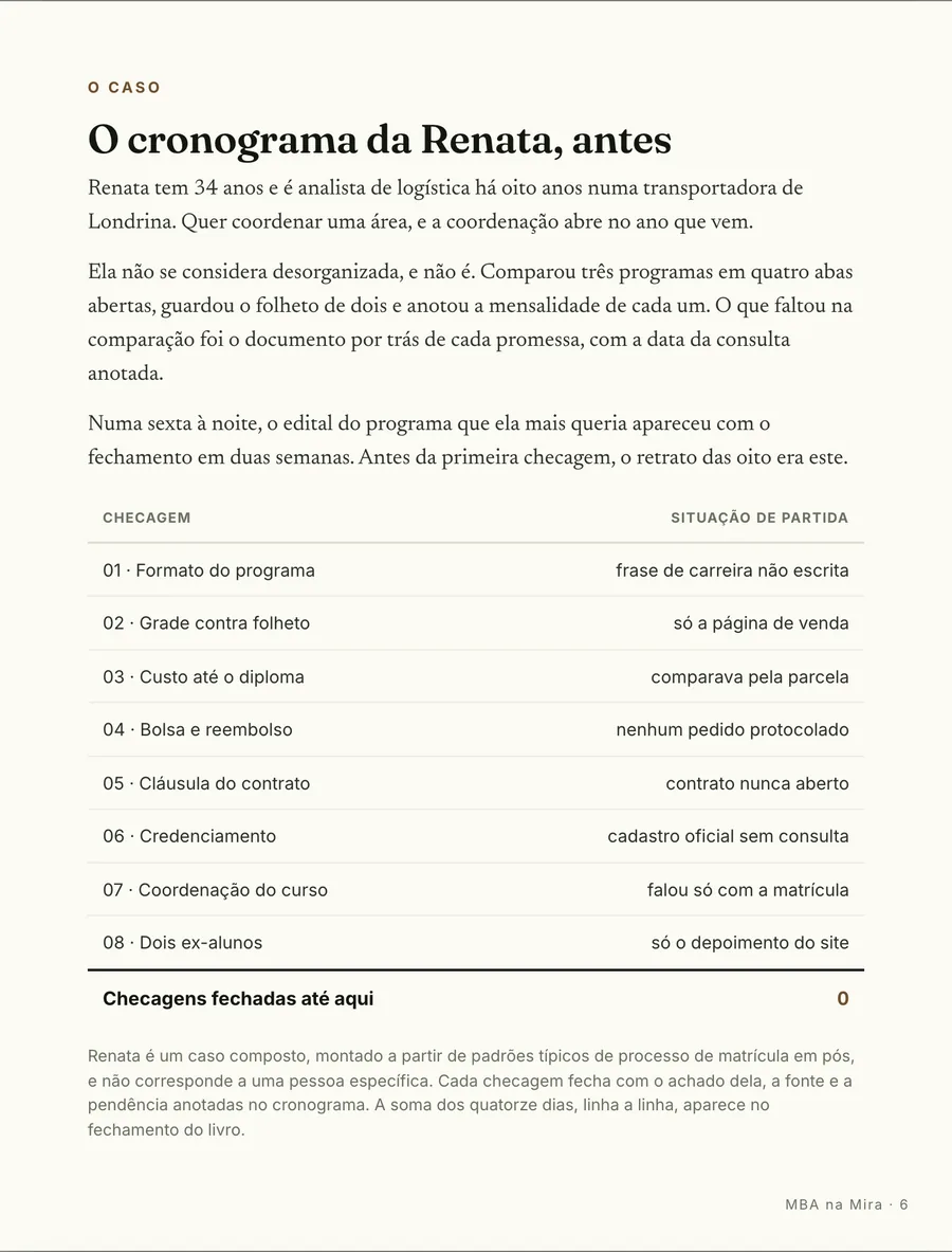 O caso: O cronograma da Renata, antes: quatro abas abertas, dois folhetos guardados e nenhum documento por trás da promessa